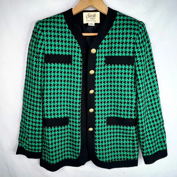 Vintage Saville Petites Teal Houndstooth Blazer 2P - Picture 1 of 11